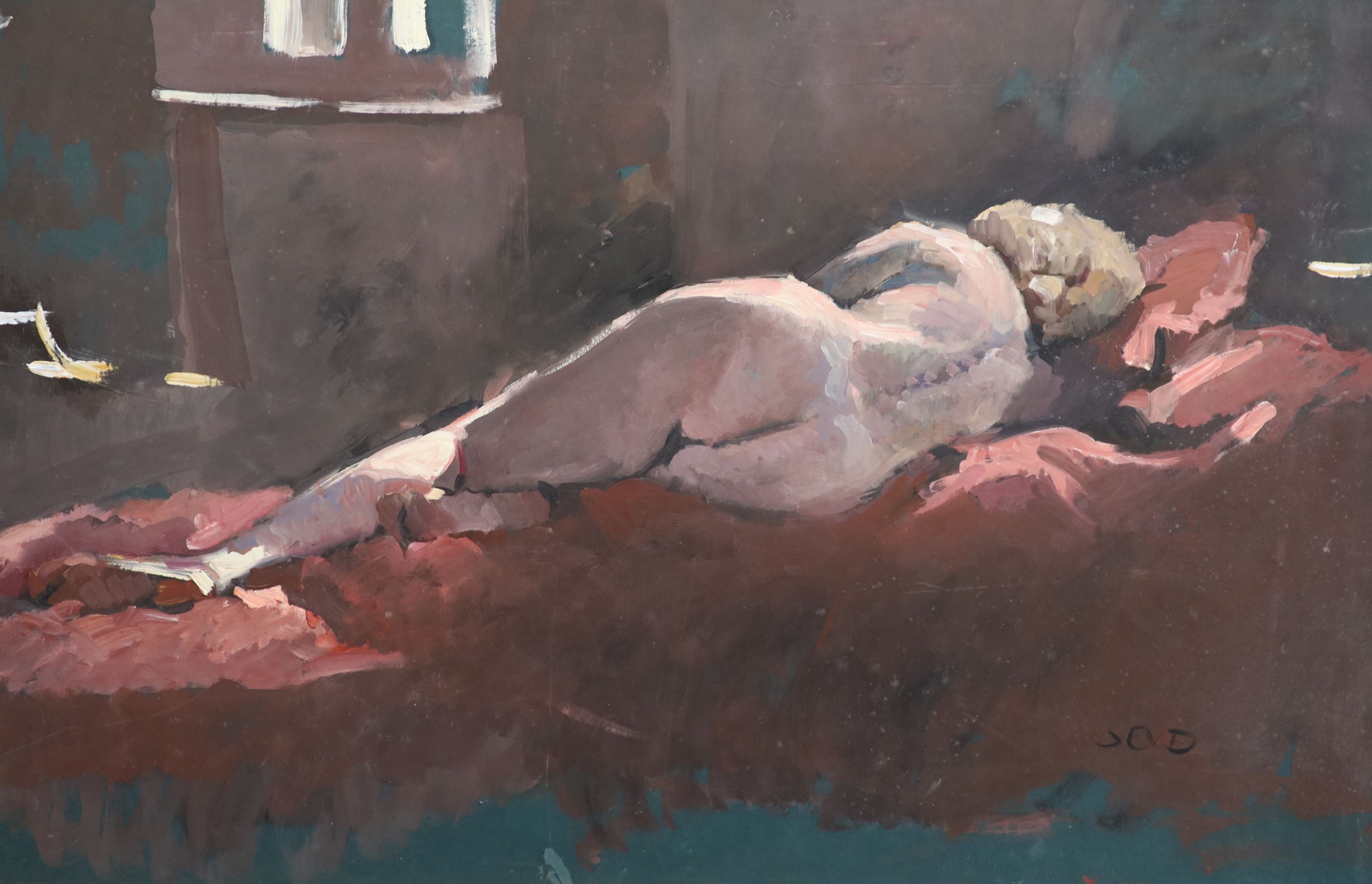Sherree Valentine Daines (1959-), Reclining female nude, Oil on board, 52 x 80cm.